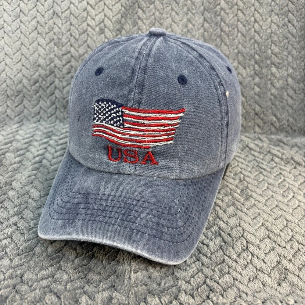 USA American Flag Embroidered Dad Hat Washed Blue Cotton Adjustable Baseball Cap